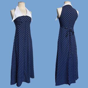 70s vintage polkadot maxi dress pointed dagger collar empire waist sleeveless.